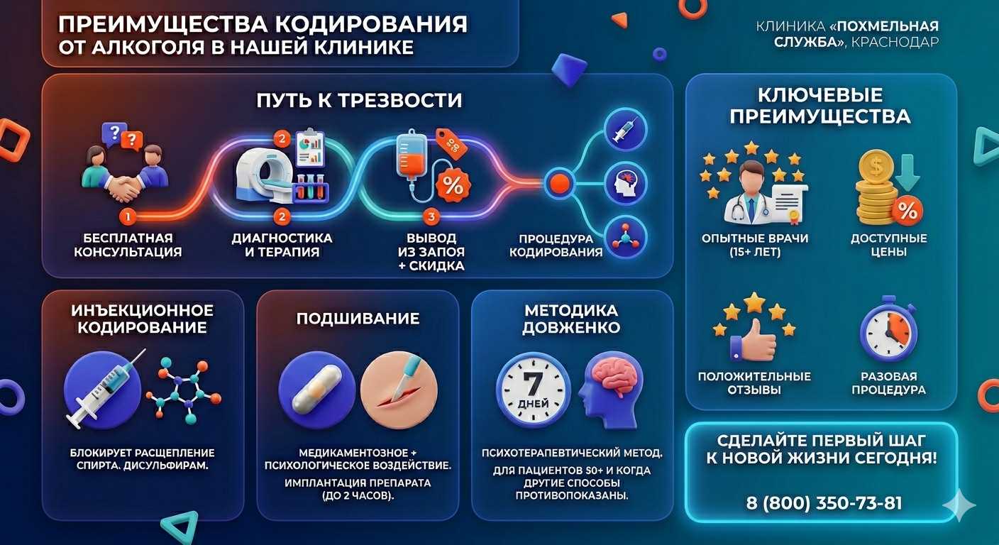 Инфографика о методах кодирования от алкоголя в Новотроицке: инъекции, подшивание, метод Довженко. Преимущества клиники и этапы лечения.