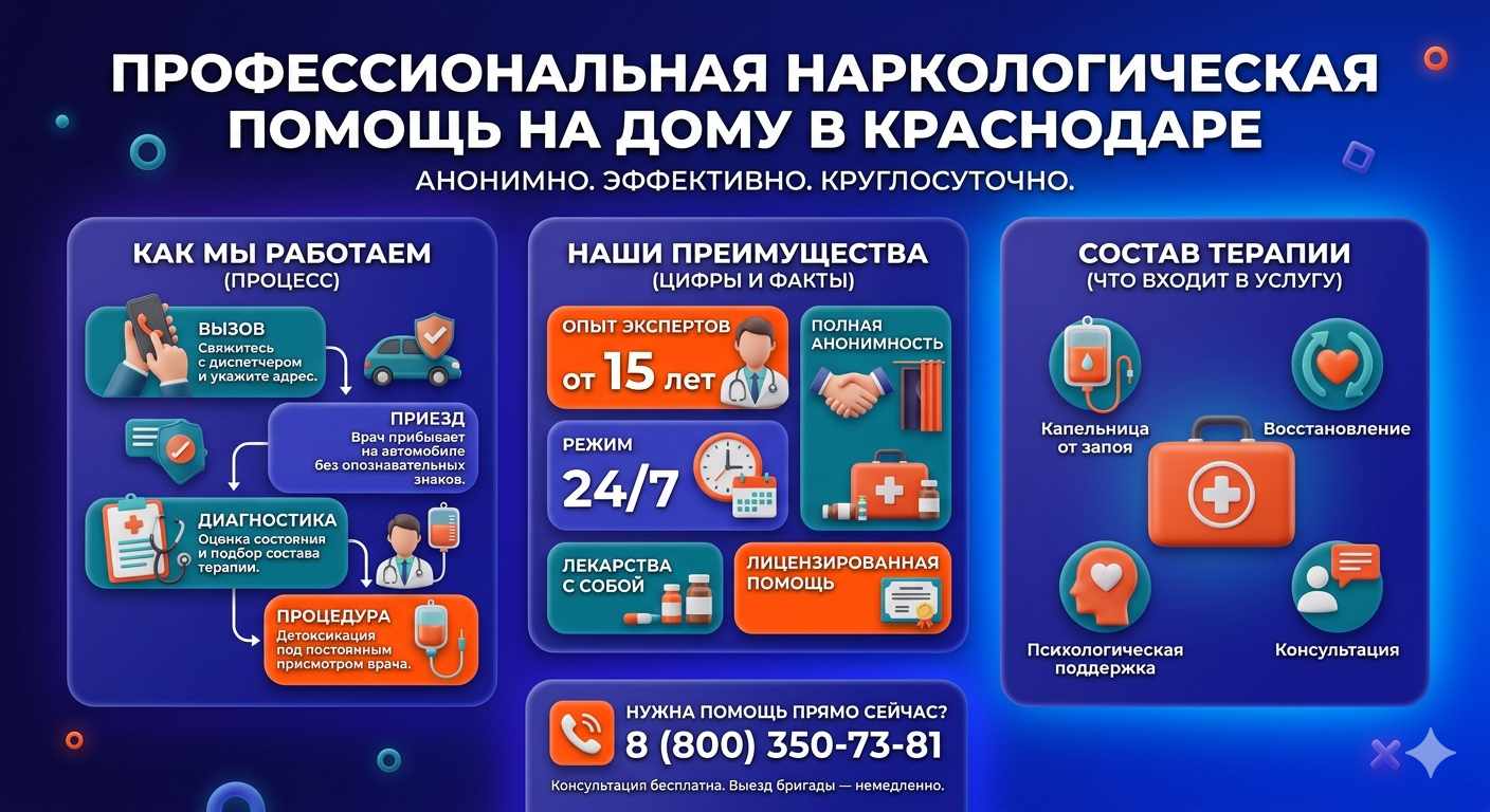Инфографика о принципах лечения алкоголизма на дому в Новотроицке: этапы вызова нарколога, преимущества анонимной детоксикации и состав медицинской помощи.